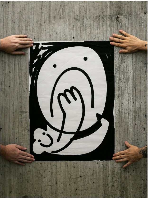 Serigrafia Estery Mrówki na betonowym tle – czarno-biała kompozycja z owalną formą, dłonią i uśmiechniętymi twarzami. Źródło: Instagram artystki.