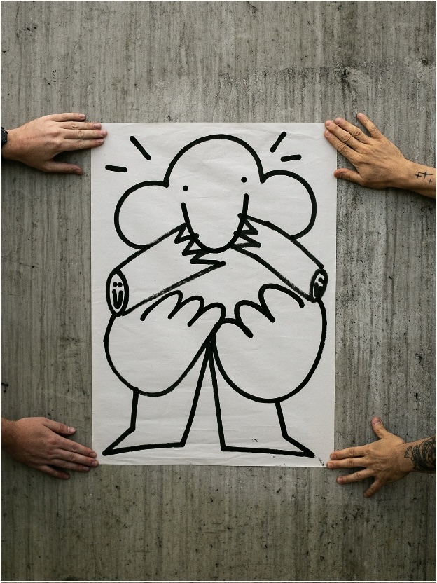 Serigrafia Estery Mrówki trzymana przez ręce na tle betonu – czarno-biały rysunek postaci z głową-chmurką, uśmiechniętą twarzą i miękkimi, organicznymi formami.